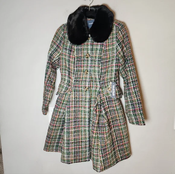 NWT Modcloth Multi Colored Tweed Flare Coat Removable Faux Fur Collar Small - Picture 10 of 16
